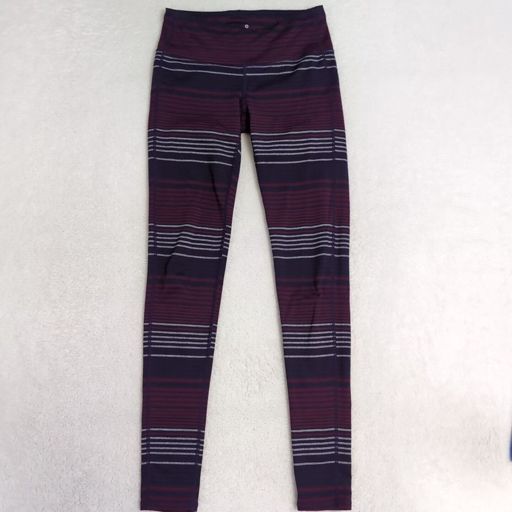 ATHLETA CHATURANGA COLORBLOCK STRIPE LEGGINGS Women's XS 24x28"‎ PURPLE GRAY